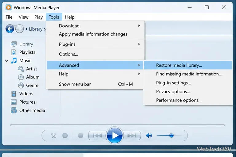 В меню «Инструменты» проигрывателя Windows Media Player, в подменю «Дополнительно» и в пункте «Восстановить медиатеку» выбраны следующие пункты.