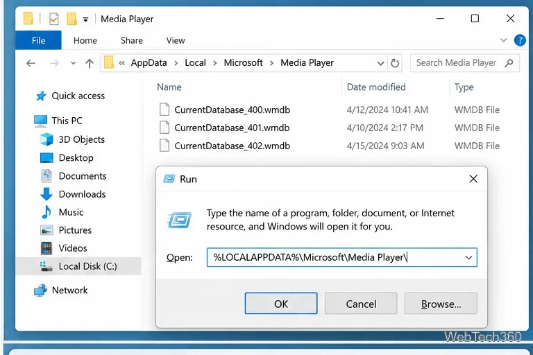 Диалоговое окно «Выполнить» открывает локальную папку Microsoft Media Player, в которой файлы базы данных видны в проводнике файлов.