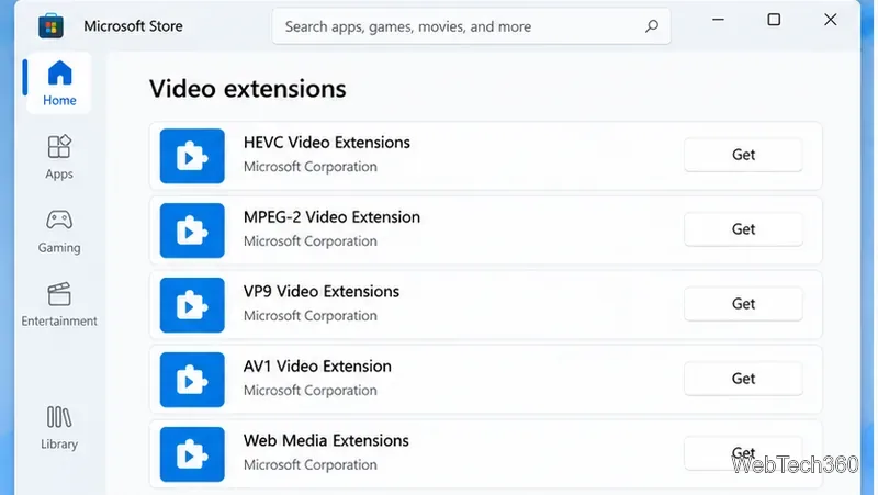 На странице Microsoft Store отображаются официальные расширения видеокодеков, включая HEVC, MPEG-2, VP9 и AV1.
