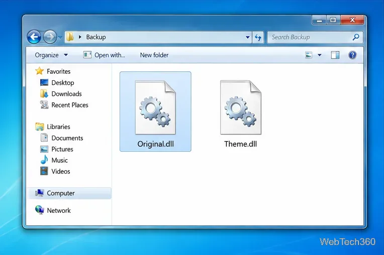 Fereastră în stilul Windows Explorer cu o copie de rezervă DLL originală și o temă DLL separată într-un folder de copie de rezervă al utilizatorului