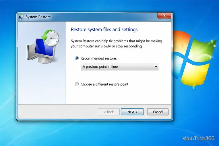 Caseta de dialog Restaurare sistem în stil Windows 7 care oferă un punct de restaurare anterior