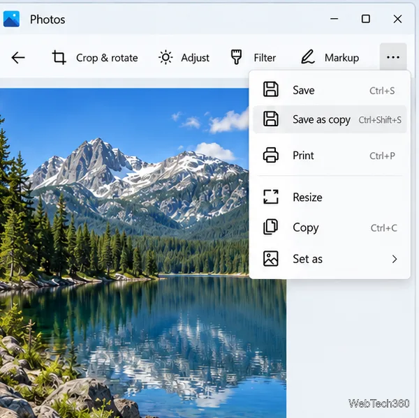 Microsoft Photos window with the Save as copy option visible in the Save options menu.