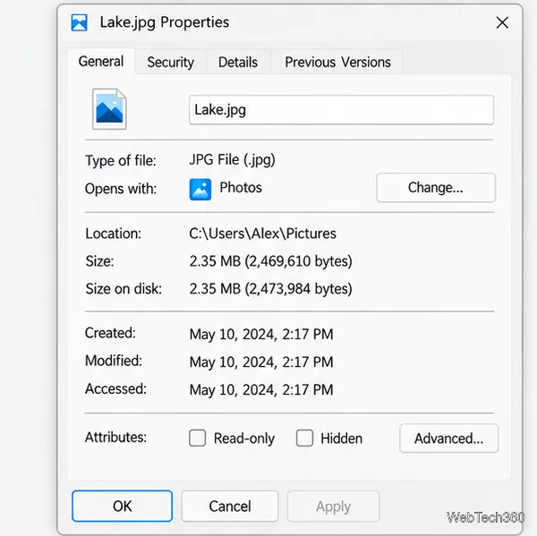 General tab of a JPEG Properties dialog with the Read-only checkbox cleared.