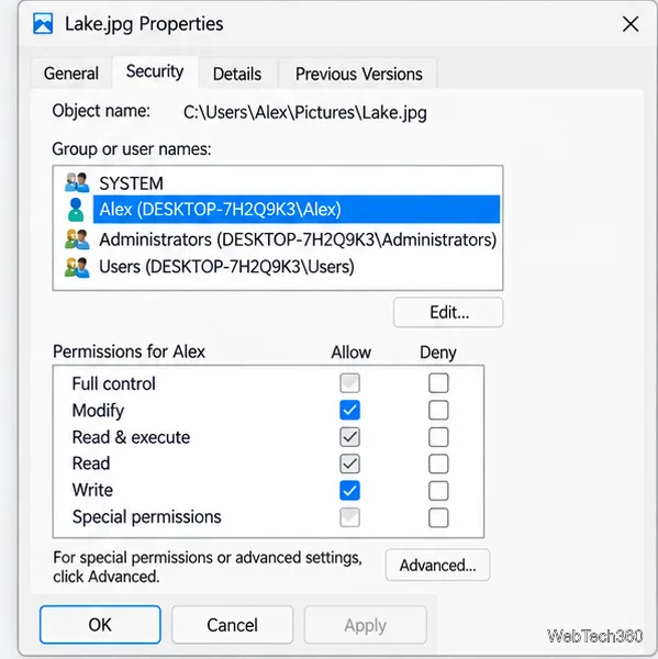 Security tab of a photo Properties dialog with Modify and Write allowed for the selected user and Deny boxes empty.