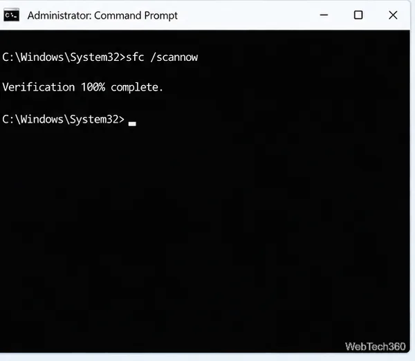 Administrator Command Prompt showing sfc /scannow and a Verification 100% complete message.