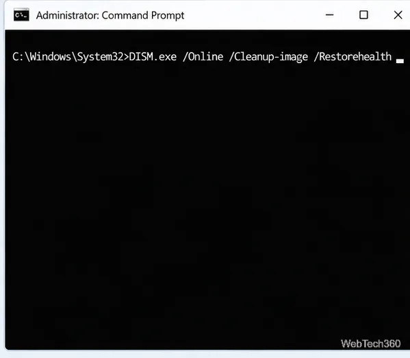 Administrator Command Prompt showing the DISM RestoreHealth command at the Windows system prompt.