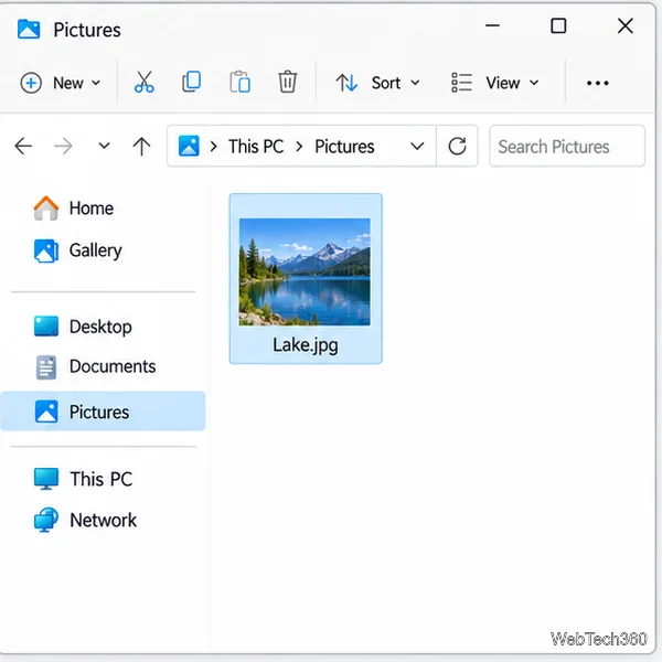 File Explorer open to the Pictures folder with a copied landscape photo selected.