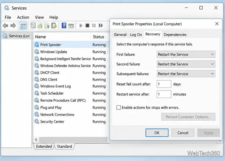La console des services Windows et la boîte de dialogue Propriétés du spouleur d'impression affichent l'onglet Récupération et les options de réponse en cas d'échec.