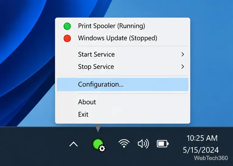 Dans le menu des services de la zone de notification, le spouleur d'impression est indiqué comme étant en cours d'exécution, Windows Update comme étant arrêté, et les options Démarrer le service et Arrêter le service sont disponibles.