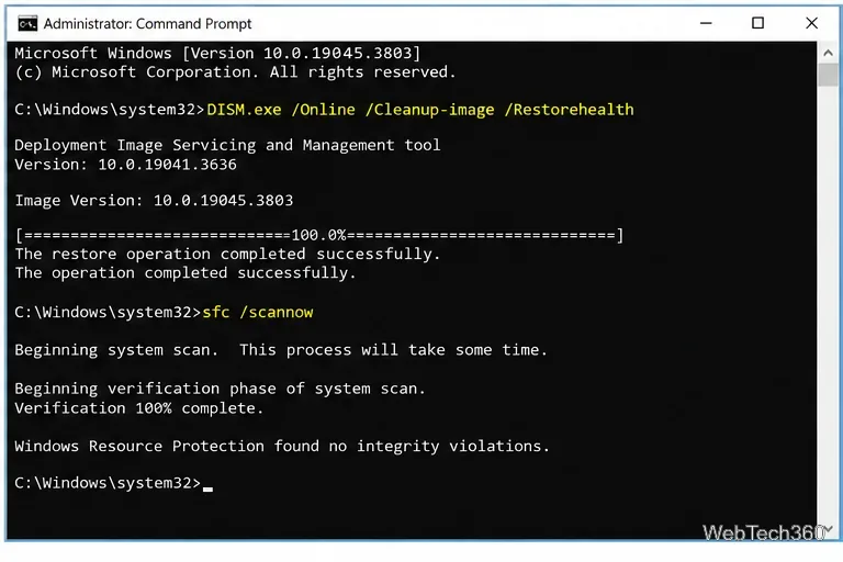 Administrator Command Prompt showing DISM RestoreHealth followed by sfc scannow on Windows