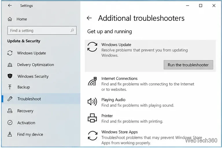 Windows 10 Additional troubleshooters page with Windows Update and Run the troubleshooter selected