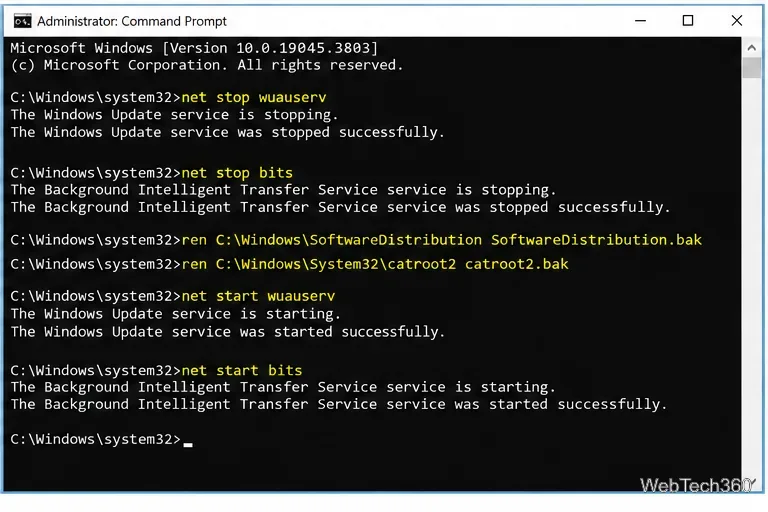 Administrator Command Prompt showing Windows Update and BITS reset commands for SoftwareDistribution and catroot2