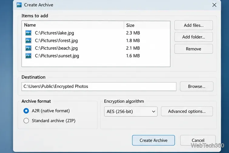 4つのJPGファイル、出力フォルダ、A2Rフォーマット、およびAES設定を一覧表示するアーカイブウィンドウの例