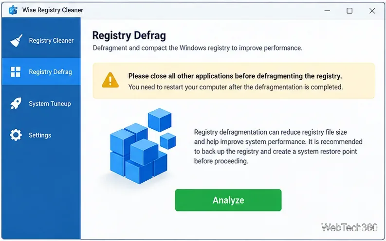 Wise Registry Cleaner Registry Defrag screen with warning and Analyze button