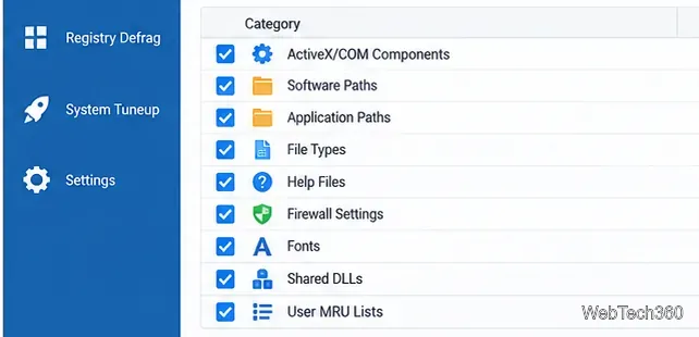 Wise Registry Cleaner category list with registry areas selected for review