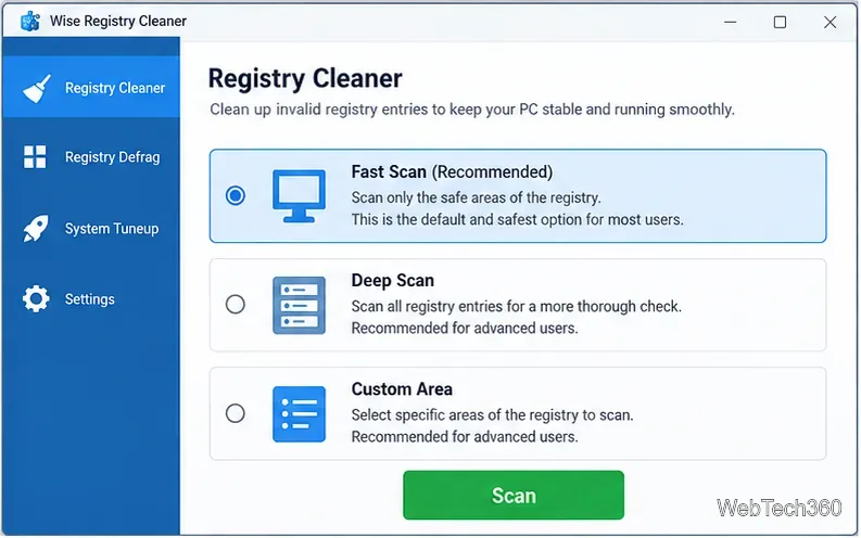 Wise Registry Cleaner scan-mode screen showing Fast Scan, Deep Scan, and Custom Area