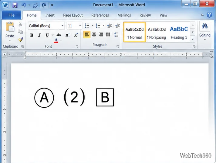 Word 2010文書。丸で囲まれたA、括弧で囲まれた2、そして四角で囲まれたBが表示されている。