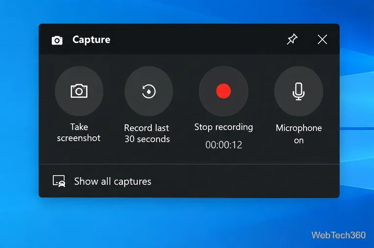 Xbox Game Bar Capture widget showing screenshot, recent clip, recording, microphone, and captures controls