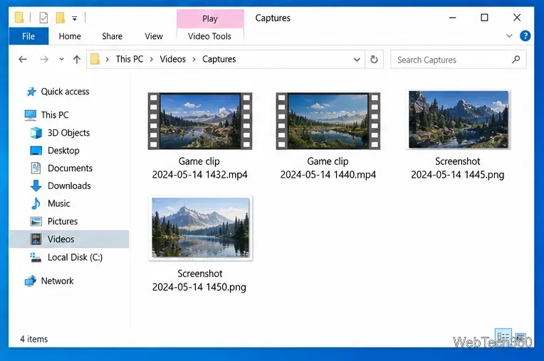 Windows 10 File Explorer open to This PC, Videos, Captures with game clips and screenshots