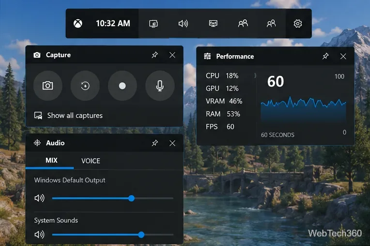 Xbox Game Bar overlay with Capture, Performance, and Audio widgets open over a game