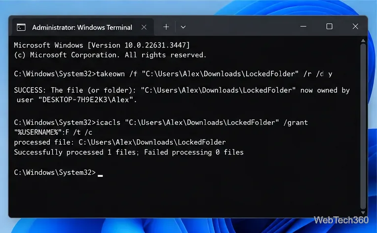 Административный терминал Windows демонстрирует команды takeown и icacls для заблокированной папки.