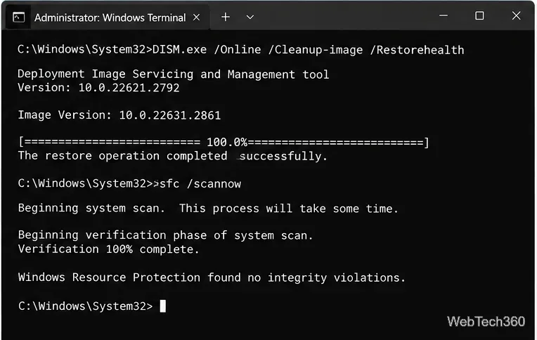 Административный терминал Windows, демонстрирующий команды DISM и проверки системных файлов.