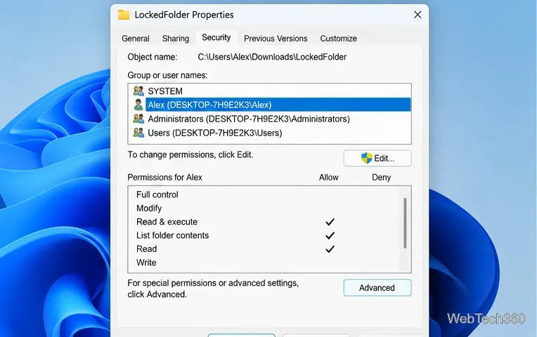 Вкладка «Безопасность» в свойствах папки Windows отображает пользователей и уровни разрешений.