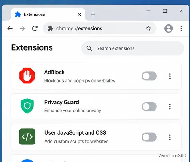 Página de extensiones de Chrome que muestra varias extensiones del navegador desactivadas.