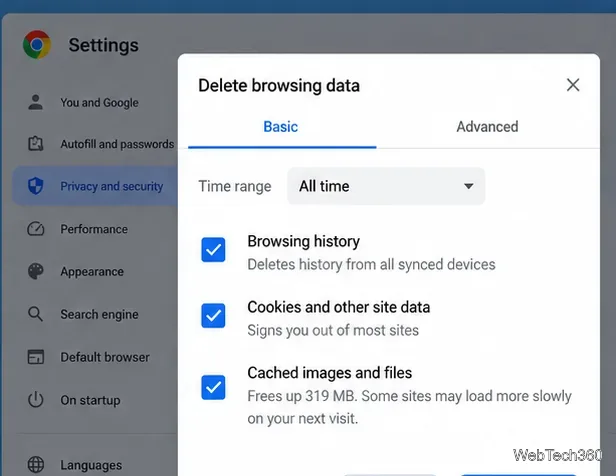 Cuadro de diálogo de Chrome para eliminar datos de navegación con las cookies y las imágenes y archivos en caché seleccionados.