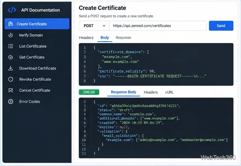 Beispiel einer ZeroSSL REST-API-Schnittstelle, die eine POST-Anfrage zur Zertifikatserstellung und die zugehörige JSON-Antwort zeigt.